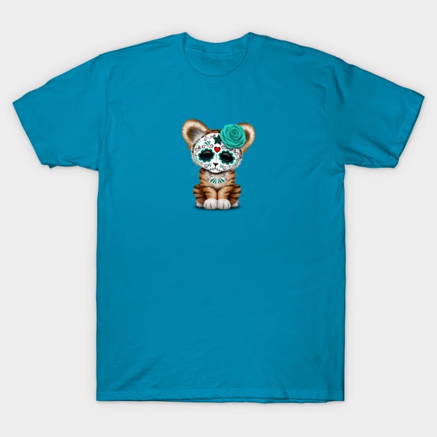 Blue Day of the Dead Sugar Skull Tiger Cub T-Shirt by jeffbartels